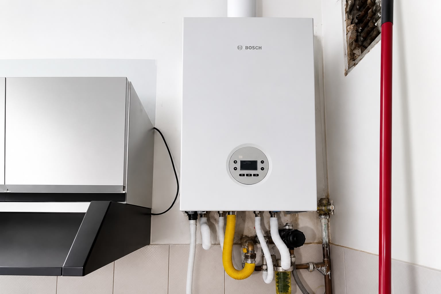 Caldaia murale a condensazione Bosch installata in cucina, con collegamenti idraulici a vista
